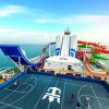 LB, Liberty of the Seas, overhead view of basketball court, Tidal Wave slide, and Perfect Storm slide, guests playing ball, ocean view in background, fun,